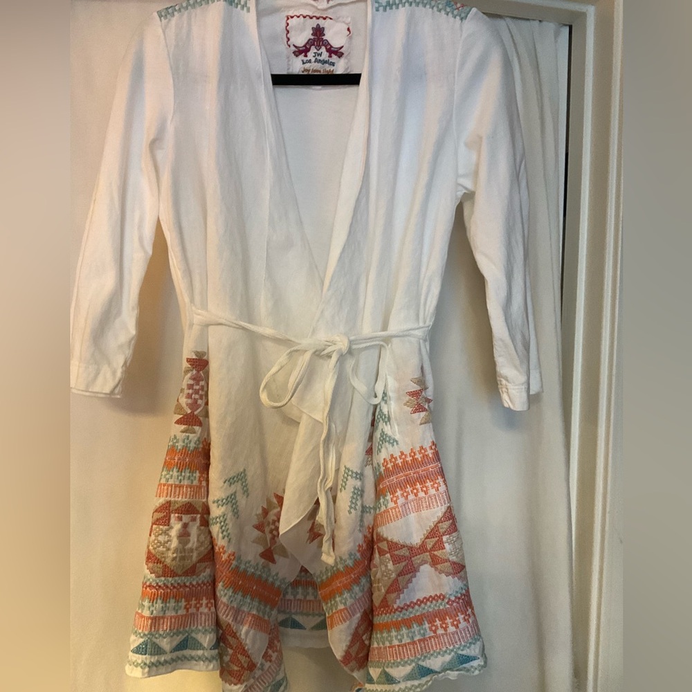 Johnny Was White Embroidered Wrap top with Coral & Teal Accents